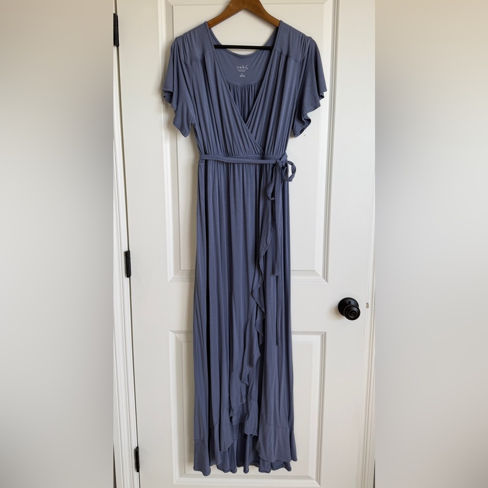 Isabel Flutter Sleeve Wrap Maxi Dress in Slate Blue Tie Waist NWOT Maternity